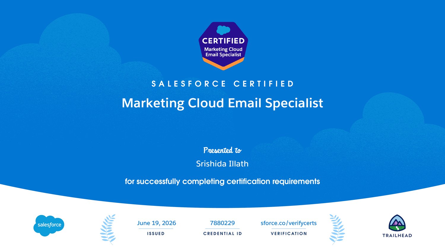 Salesforce Certified Marketing Cloud Email Specialist certificate presented to Srishida Illath